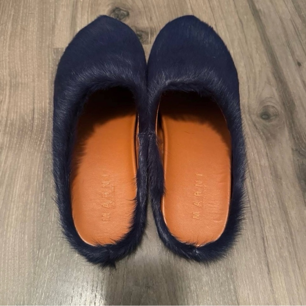 Marni Navy Blue Fur Slippers